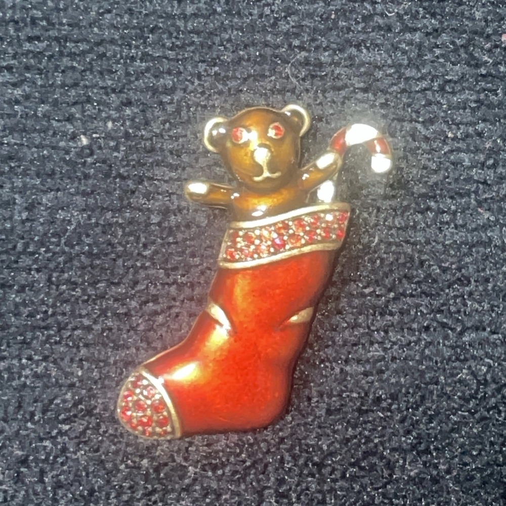 Teddy Bear Red Stocking Brooch Red Enameled Metal Christmas Pin